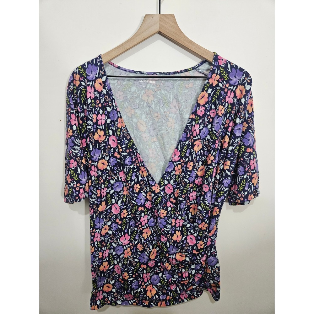 Lands End Floral Surplice Wrap Top Navy‎ Purple Pink Orange Large L 14-16 Blouse